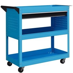 Carro de taller con 3 bandejas, cajón, panel lateral perforado, asa y ruedas con freno, azul