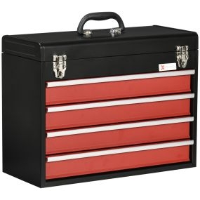Caja de herramientas de acero con 4 cajones, tapa abatible, bandeja superior, cierres metálicos y asa, 51x22x39,5 cm, negro y rojo