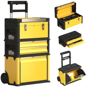 Taller móvil apilable 3 en 1 de acero con ruedas, bandeja y mango telescópico amarillo y negro
