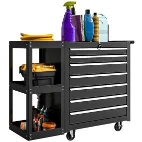 Carro de herramientas con 7 cajones y estantería desmontable de 3 niveles, negro