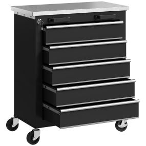 Carro de herramientas con 5 cajones, cerradura, ruedas con freno y encimera de acero inoxidable, negro y plata