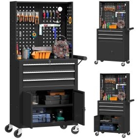 Carro de herramientas con 3 cajones, tabla de pegboard, cerradura con llave, estante ajustable, negro