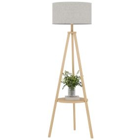 Lámpara de pie trípode con estante, pantalla de lino, gris y natural