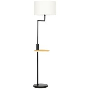 Lámpara de pie moderna con estante, pantalla de lino sintético, USB, acero, negra