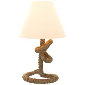Lámpara de mesa LED de mesita de noche con base de metal, cuerda de lino y pantalla de tela, E27, marrón y beige, Ø28x45,5 cm