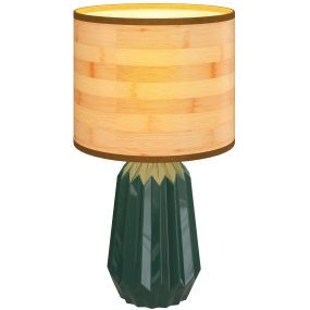 Lámpara de mesa de cerámica y lino estilo retro verde y madera natural E27 40W