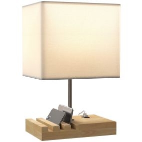 Lámpara de mesa moderna con USB-A/C, 3 ranuras, base de madera, pantalla de tela, blanco