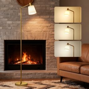 Lámpara de pie LED regulable moderna con pantalla giratoria 350°, 3 temperaturas, blanco y dorado