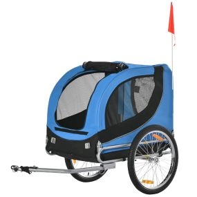 Remolque para bicicleta para perros y mascotas 130x73x90 cm azul negro con 1 bandera y 8 reflectores