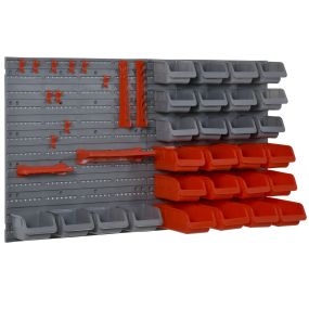 Organizador de herramientas de pared 44 piezas 95x54 cm con 28 cajas y ganchos gris y rojo