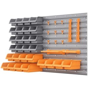 Organizador de herramientas de pared 44 piezas 95x54 cm con 28 cajas apilables y ganchos gris y naranja