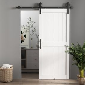 Puerta corredera de granero con herrajes 91,5x213,4 cm blanca para interior