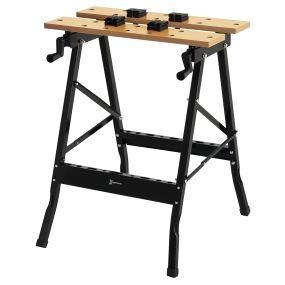 Banco de trabajo plegable portátil con 4 abrazaderas y agujeros para sierra, hierro y MDF, 56x62x75 cm, natural y negro, soporta 70 kg