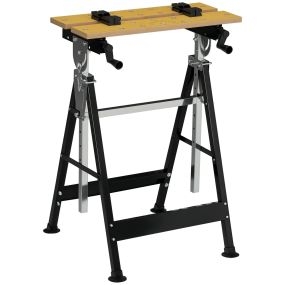 Banco de trabajo ajustable en altura con 4 clavijas giratorias 65x57x85-114 cm madera natural y negro