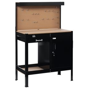 Banco de trabajo 98,5x48x140 cm, carga 100 kg, con panel perforado, cajón, estante y armario con cerradura, negro