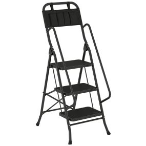 Escalera plegable de 3 peldaños con bolsa de herramientas, carga 150 kg, negra