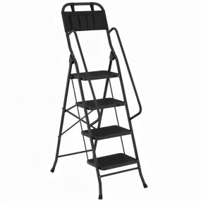 Escalera plegable de 4 peldaños con bolsa de herramientas, carga 150 kg, negra