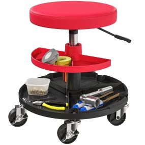 Taburete de taller giratorio con ruedas altura ajustable 40-51 cm y 2 bandejas rojo