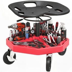 Taburete de taller móvil con bandeja magnética, altura ajustable 52-59,5 cm, 135 kg, rojo