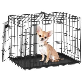 Jaula plegable para perros pequeños con 2 puertas, bandeja extraíble, asa y marco de acero 75x48,5x53 cm negro
