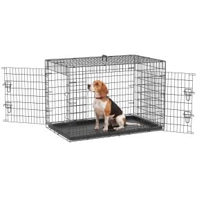 Jaula plegable para perros medianos y grandes de acero negro 90x57,5x62 cm con 2 puertas y bandeja extraíble