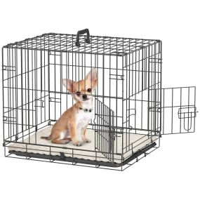 Jaula plegable para perros pequeños con cojín, 2 puertas, bandeja extraíble, 60x40x50 cm, negro y beige
