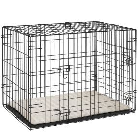 Jaula plegable para perros pequeños con cojín, 2 puertas, bandeja extraíble, 75x48,5x53 cm, negro y beige
