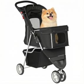 Carrito plegable para perros pequeños con cesta, ventanas de malla, portavasos, 10 kg, negro