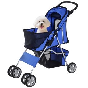 Carrito plegable para perros pequeños azul 75x45x97 cm carga 10 kg con cesta y portavasos