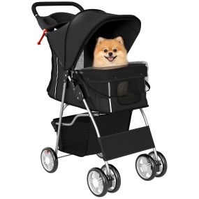 Carrito plegable para perros pequeños negro 77x44x102 cm carga 10 kg con cesta y portavasos