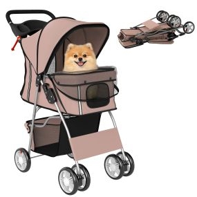 Carrito plegable para perros pequeños con cesta, ventanas de malla, portavasos y frenos, café