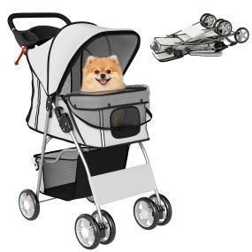Carrito plegable para perros pequeños con cesta, malla, portavasos, frenos y cojín lavable, gris