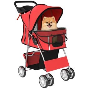 Carrito plegable para perros pequeños rojo 77x44x102 cm carga 10 kg con cesta y portavasos