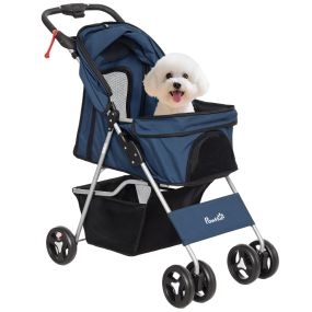 Carrito plegable para perros pequeños con toldo ajustable y cesta, 2 ruedas, 15 kg, azul oscuro