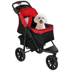 Carrito plegable para perros pequeños con 3 ruedas, malla, cesta y correas, rojo, 25 kg, 109,5x57,5x106,5 cm