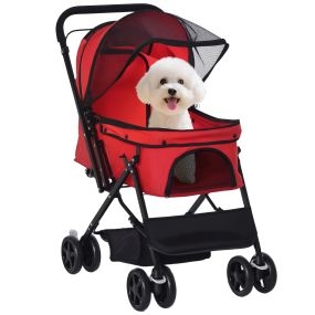 Carrito plegable para perros pequeños con mango reversible, ventana de malla, cesta y cuerda de seguridad, rojo, 76,5x52x95 cm, carga 10 kg