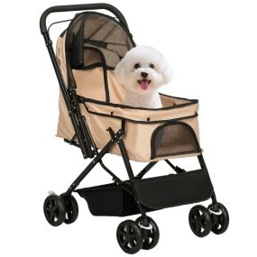 Carrito plegable para perros pequeños con mango reversible, ventana de malla y carga 10 kg, marrón