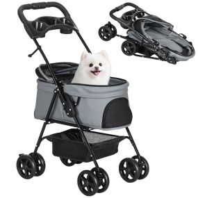 Cochecito para perros plegable con ruedas universales, cesta, correas y ventana 67x45x96 cm gris
