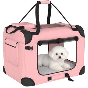 Transportín plegable para perros y gatos 60x41,5x41 cm rosa con ventanas de malla y cojín suave
