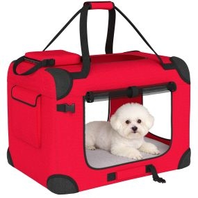 Transportín plegable para perros y gatos 60x41,5x41 cm rojo con ventanas de malla y cojín suave