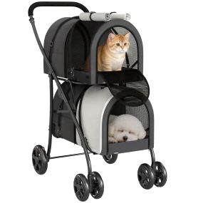 Carrito doble para perros y gatos plegable con 2 transportines, cinturón, bolsillos y cojines, gris oscuro, 66x50x98 cm