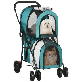 Carrito doble para perros y gatos plegable con 2 transportines, cinturón, bolsillos y 2 cojines, verde 66x50x98 cm
