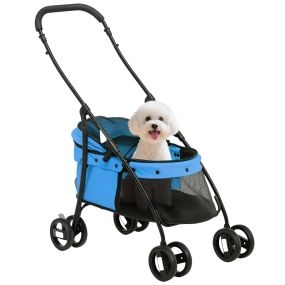 Carrito plegable para perros pequeños azul con ventanas de malla, cojín lavable y carga 10 kg