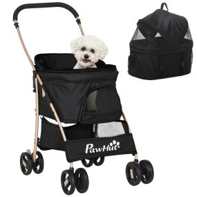 Carrito para perros plegable 3 en 1 con cesta, correas y cojín, carga 15 kg, negro