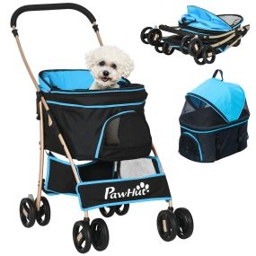 Carrito para perros plegable 3 en 1 con cesta desmontable y cojín azul para 15 kg