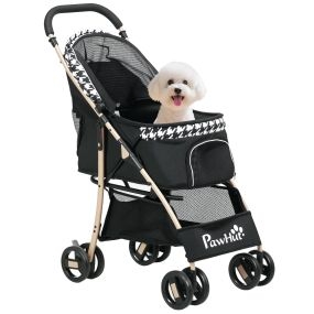 Carrito para perros plegable con 2 puertas, ventana de malla, cesta, cuerda y cojín, negro 80x44,5x97 cm