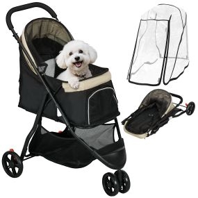 Carrito para perros pequeño plegable con cubierta para lluvia, ventana de malla, 2 ruedas, caqui, 80,5x51,5x100 cm, carga 15 kg
