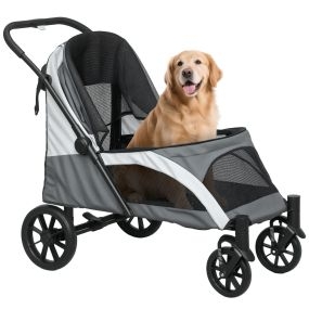 Carrito para Perros Plegable, Cochecito para Perros Grandes hasta 30 kg con Ruedas Grandes, Correas de Seguridad, Amortiguador, Cojín Lavable, Marco de Acero, Freno, 124x67x100 cm, Gris Oscuro
