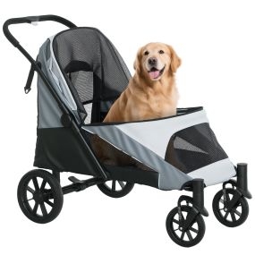 Carrito para Perros Plegable, Cochecito para Perros Grandes hasta 30 kg con Ruedas Grandes, Correas de Seguridad, Amortiguador, Cojín Lavable, Marco de Acero, Freno, 124x67x100 cm, Gris