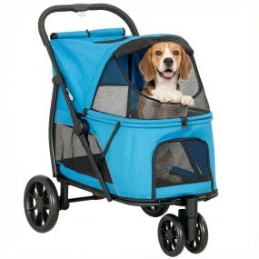Carrito para perros plegable azul con 3 ruedas, malla, cojín lavable, frenos, 20 kg, 92x63x95 cm